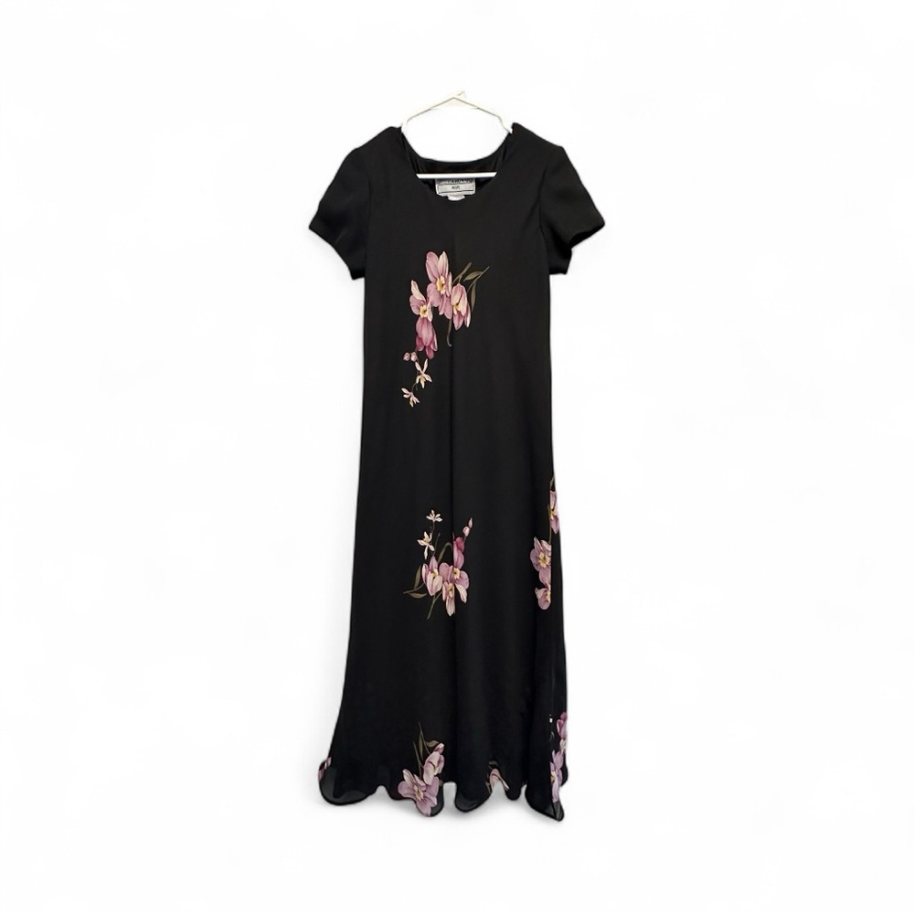 Vintage 90s Jessica Howard Black Maxi Dress with Pink/Purple Floral Design MP